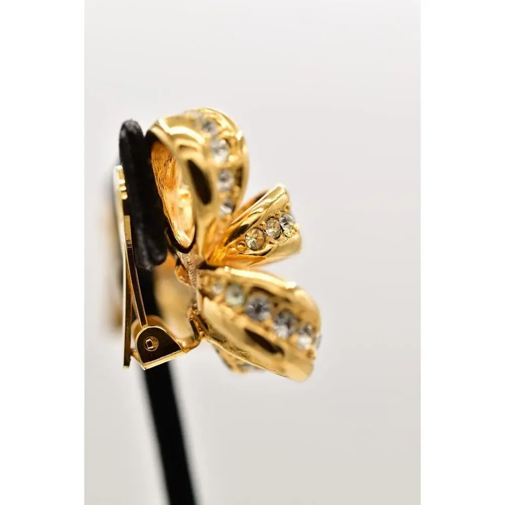 KJL Vintage Crystal Bow Clip Earrings Knot Gold Tone Chunky Signed 1990s BinBF - Picture 8 of 12